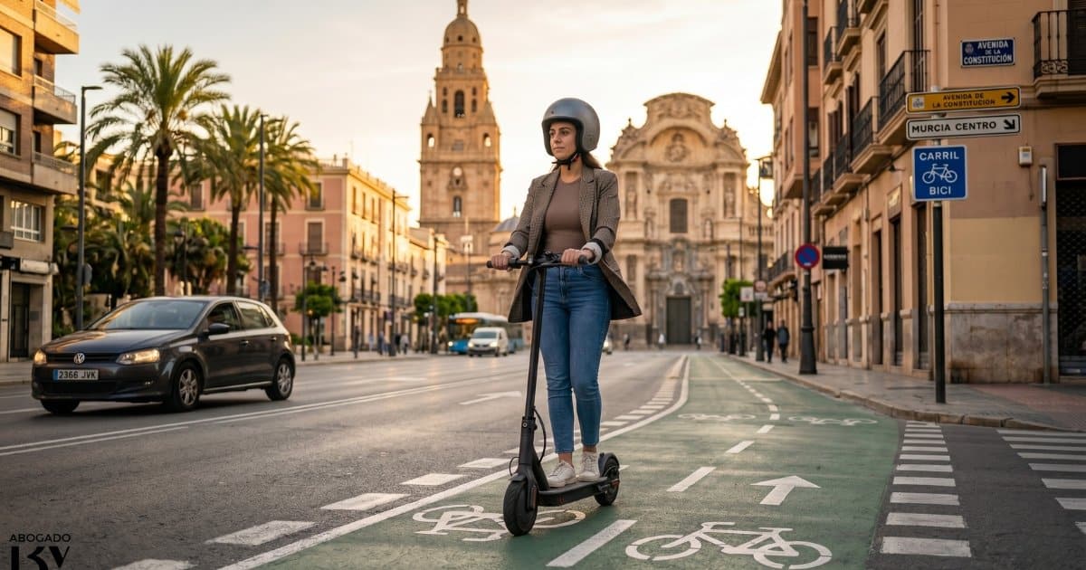Conductora con casco en un patinete eléctrico en Murcia